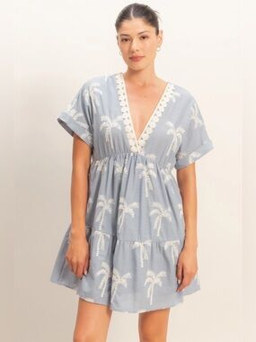 NEW HYFVE Blue Palm Print Tiered V-Neck Mini Dress Size Small Cotton Lace Trim